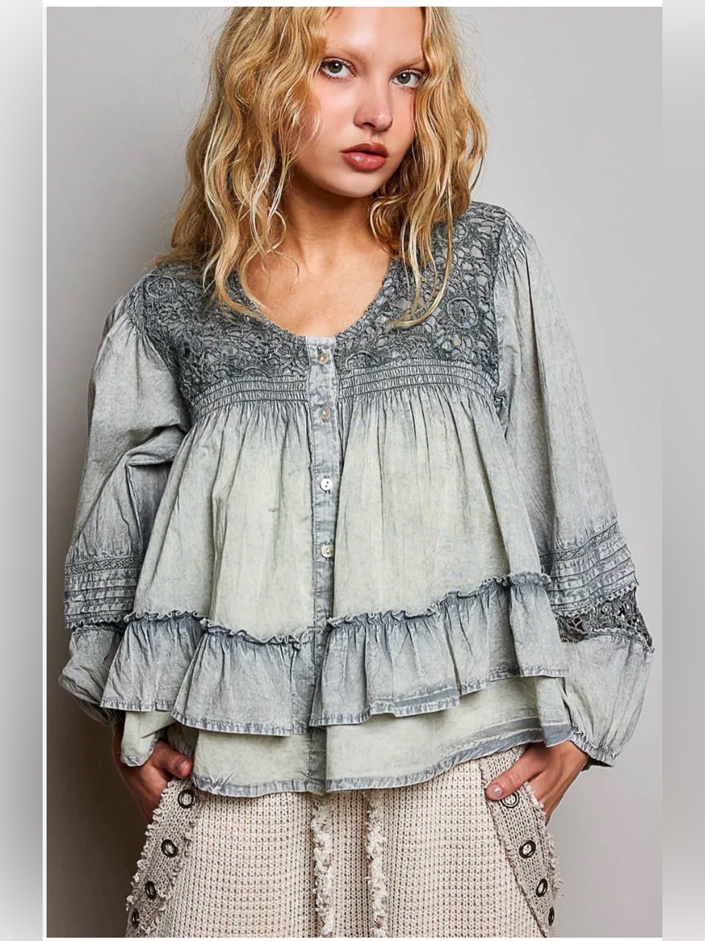 POL lace crochet denim patchwork floral ruffle pullover tunic top blouse